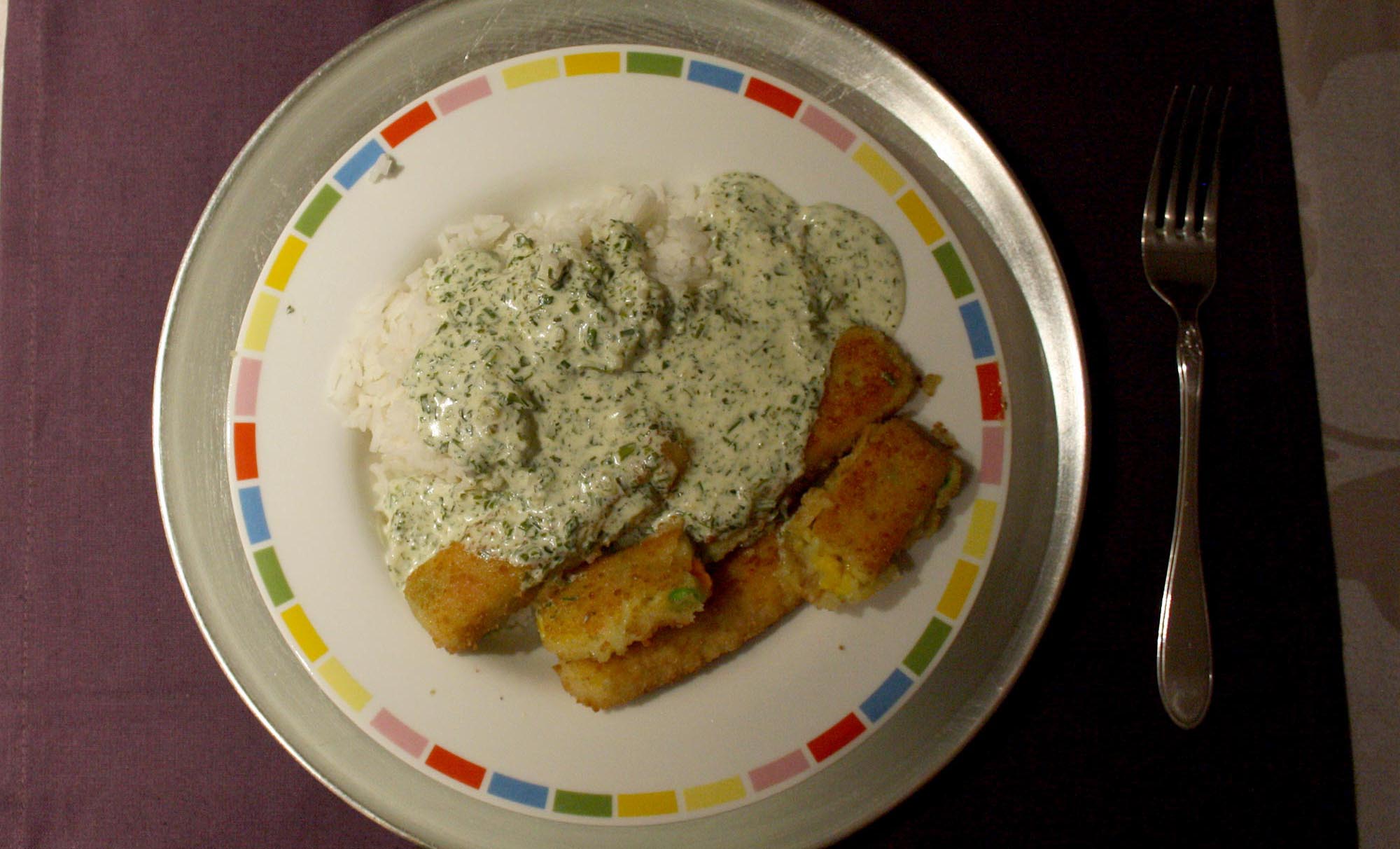 Veganes Essen: Heute Gemüsestäbchen mit Reis und Kräutersoße ...